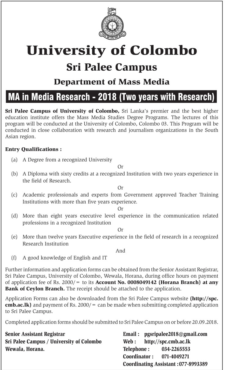 MA in Media Research - Department of Mass Media - Sri Palee Campus